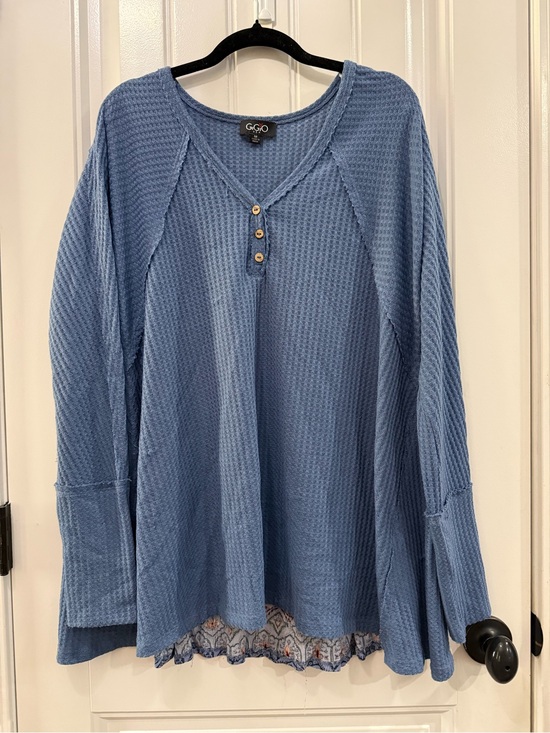 Gigio Tops - GiGio Blue Waffle-Knit Long-Sleeve Henley Top with back detail